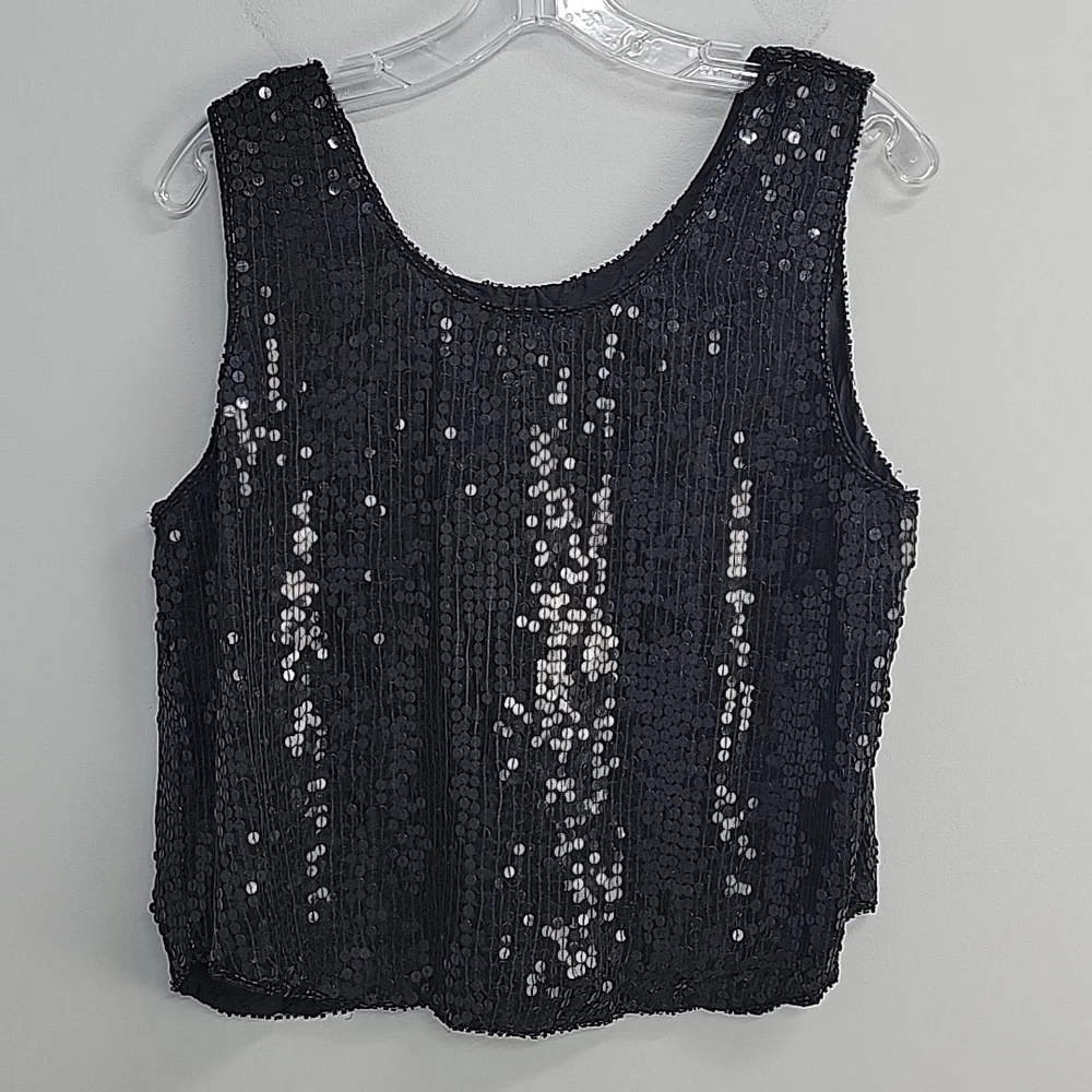 Vintage Black Silk & Sequin Shell Tank Top Cami